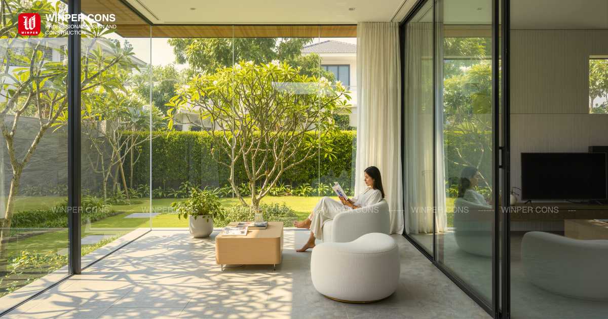 Góc thư giãn đọc sách view kính tràn viền